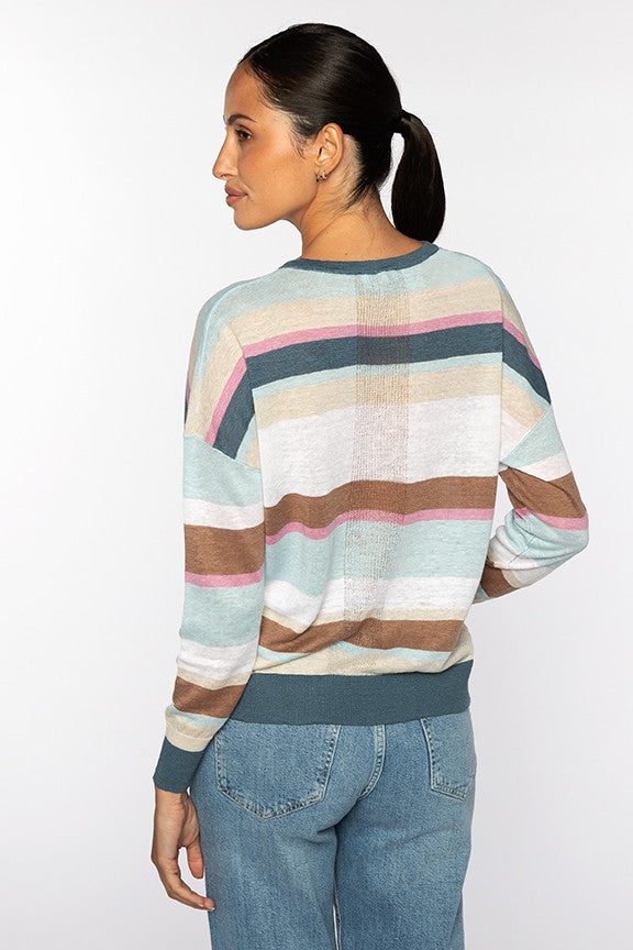 Kinross Multicolor Stripe Vee Sweater available at Barbara Katz