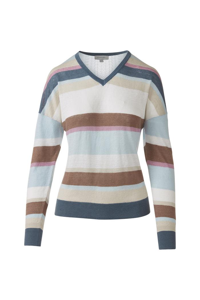 Kinross Multicolor Stripe Vee Sweater available at Barbara Katz