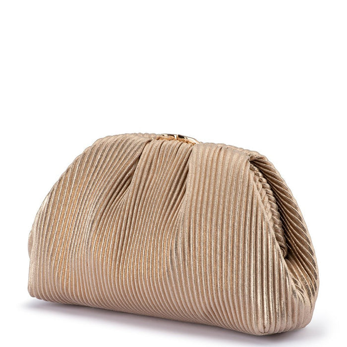 Olga Berg Naomi Pleated Clutch Bag in Gold available at Barbara Katz