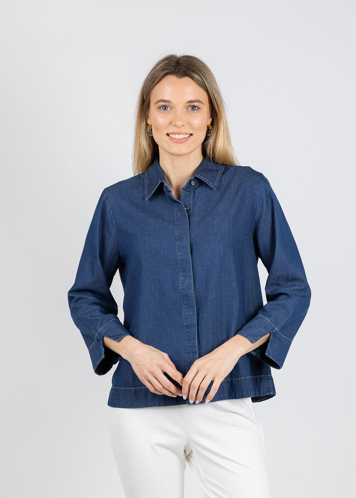Hinson Wu New Xena 3/4 Sleeve Denim Shirt in Dark Wash available at Barbara Katz