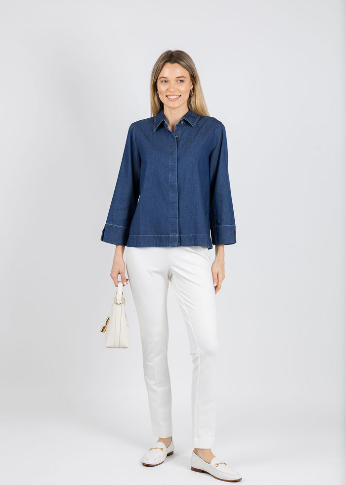 Hinson Wu New Xena 3/4 Sleeve Denim Shirt in Dark Wash available at Barbara Katz
