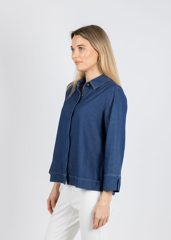 Hinson Wu New Xena 3/4 Sleeve Denim Shirt in Dark Wash available at Barbara Katz