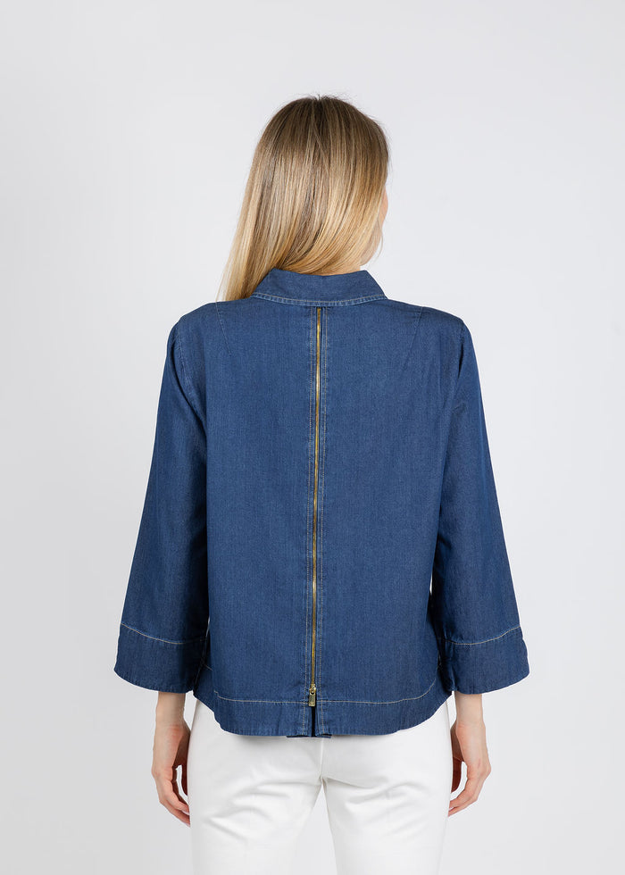 Hinson Wu New Xena 3/4 Sleeve Denim Shirt in Dark Wash available at Barbara Katz
