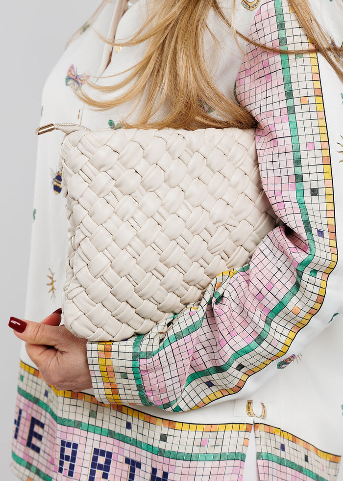 Remi/Reid Nieves Woven Clutch Bag in White available at Barbara Katz