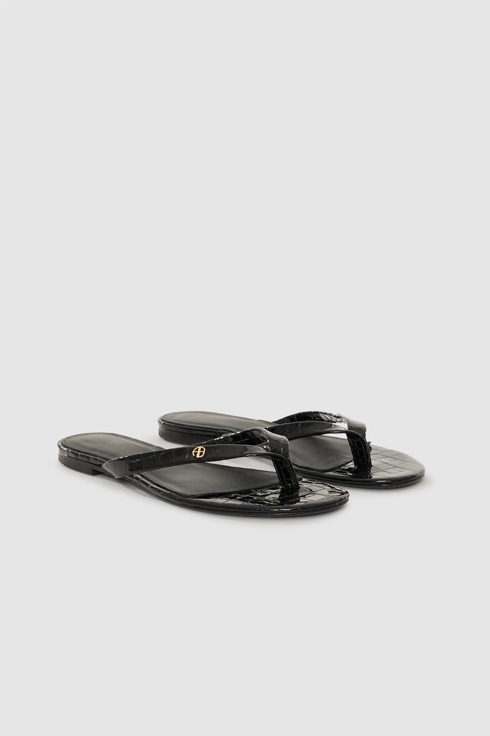 ANINE BING Noelle Thong Sandals - Embossed Black - pair front view