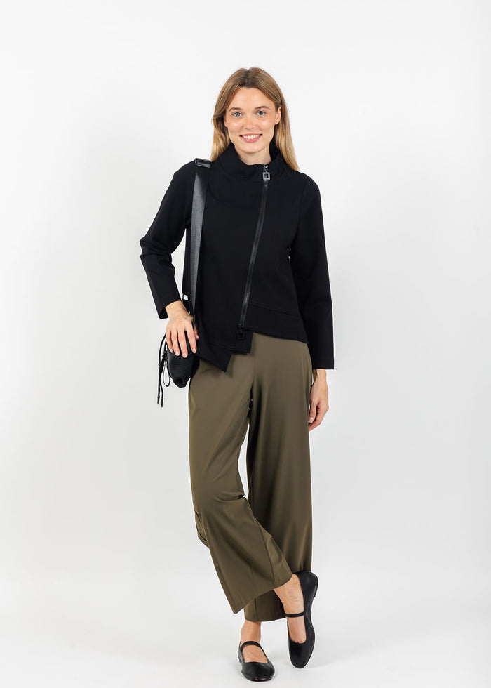 Terra Odette Zip Up Jacket in Black paired with Raffaello Rossi Sally 7/8 High Tech Jersey Pants in Olive available at Barbara Katz