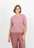 Lysse Opalite Short Sleeve Lurex Feather Cardigan in Antique Rose available at Barbara Katz