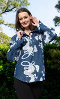 Dizzy-Lizzie Oversized Top with Ruffle Neck Denim Dragon Pattern available at Barbara Katz