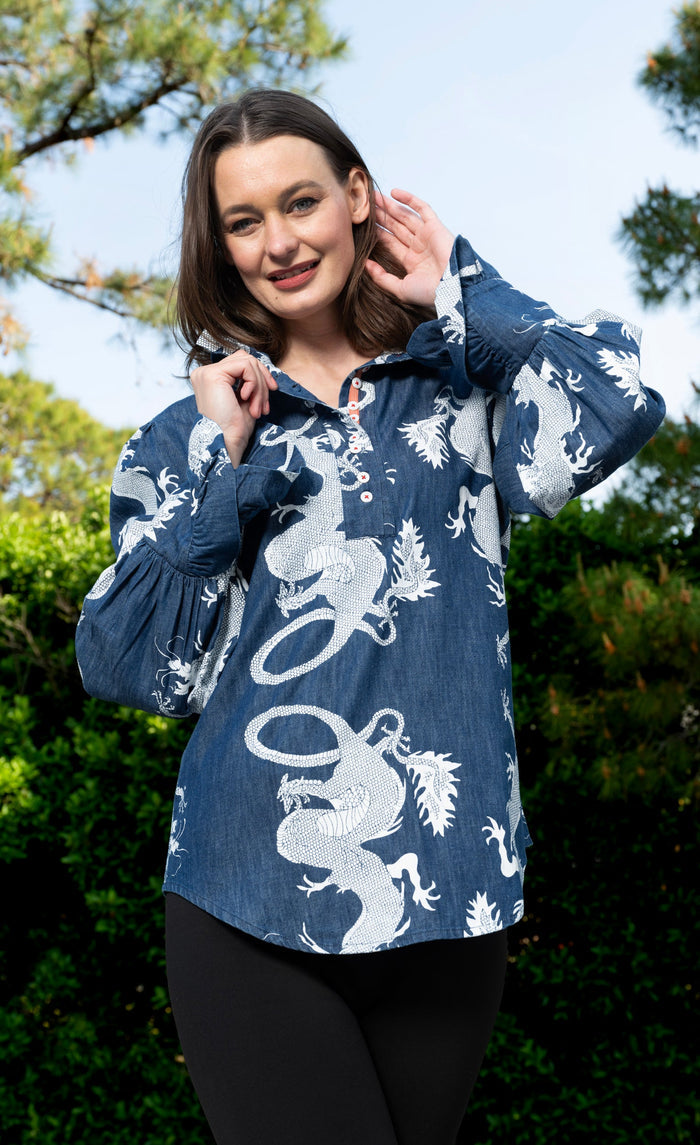 Dizzy-Lizzie Oversized Top with Ruffle Neck Denim Dragon Pattern available at Barbara Katz