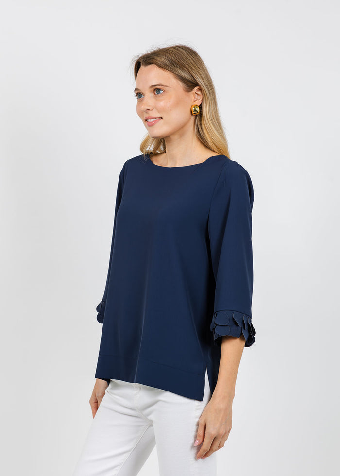 Bariloche Palau Crepe 3/4 Sleeve Top in Navy available at Barbara Katz