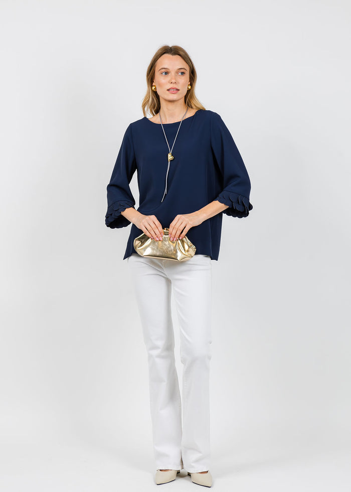 Bariloche Palau Crepe 3/4 Sleeve Top in Navy available at Barbara Katz