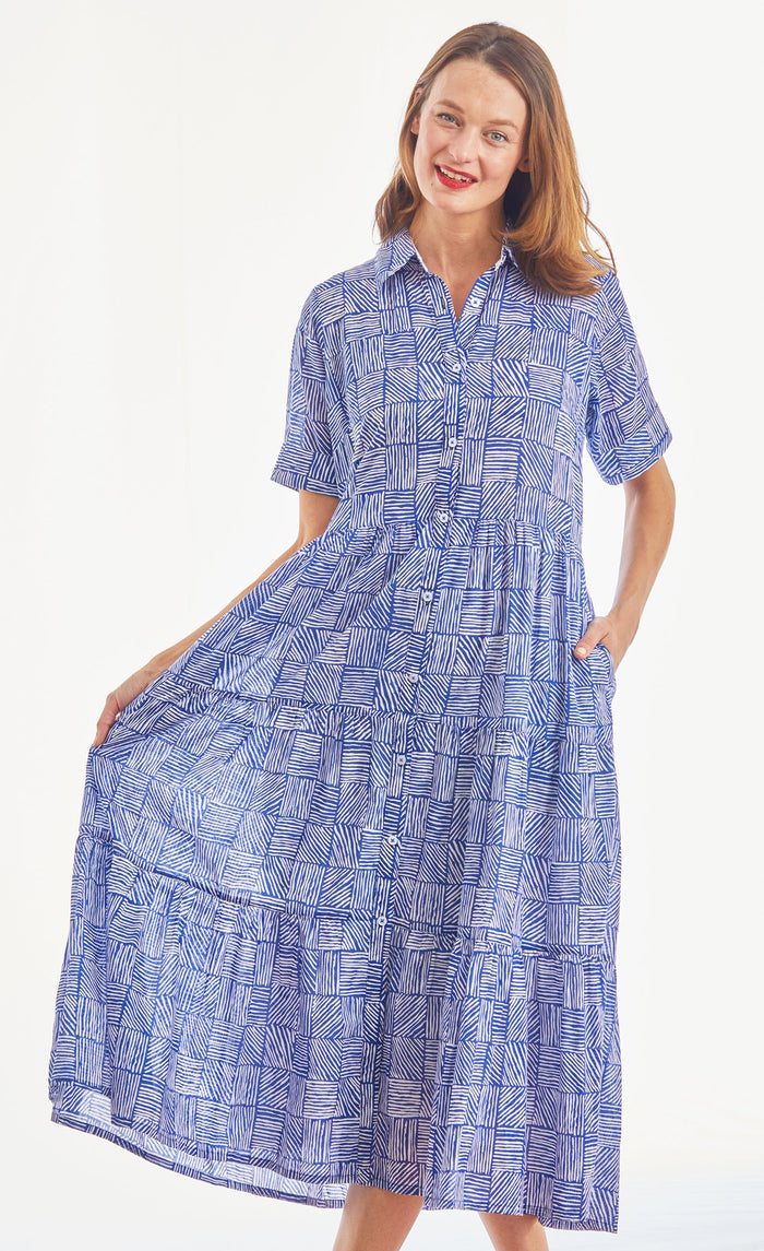 Dizzy-Lizzie Palm Desert Long Dress - Navy White Criss Cross available at Barbara Katz