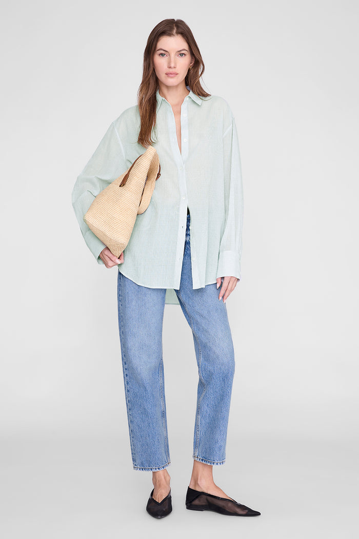 ANINE BING Plaza Shirt - Green And White Mini Stripe - on model front