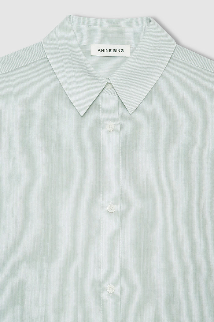 ANINE BING Plaza Shirt - Green And White Mini Stripe - detail view