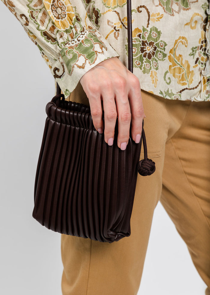 BK Pleated Drawstring Cellphone Bag in Chocolate available at Barbara Katz