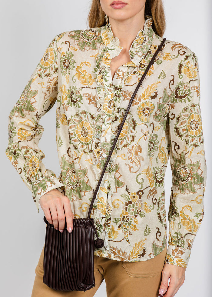 BK Pleated Drawstring Cellphone Bag in Chocolate available at Barbara Katz