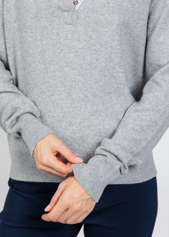 Elliott Lauren Polo Sweater With Shirting Trim in Grey available at Barbara Katz