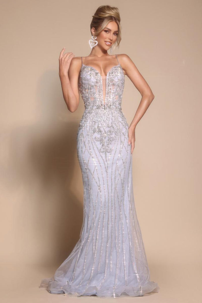 Portia and Scarlett Beaded Plunging Illusion Prom Dress PS26033