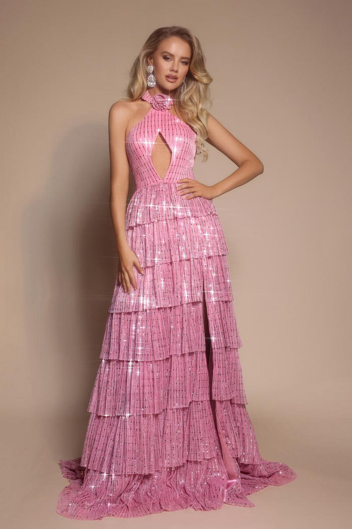 Portia and Scarlett Sparkly A-line Halter Top Prom Dress PS26198