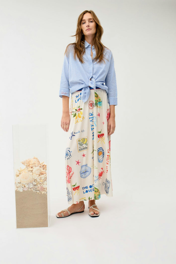 Oui Button Down Shirt in Light Blue paired with Oui Post Card Skirt in White/Red available at Barbara Katz