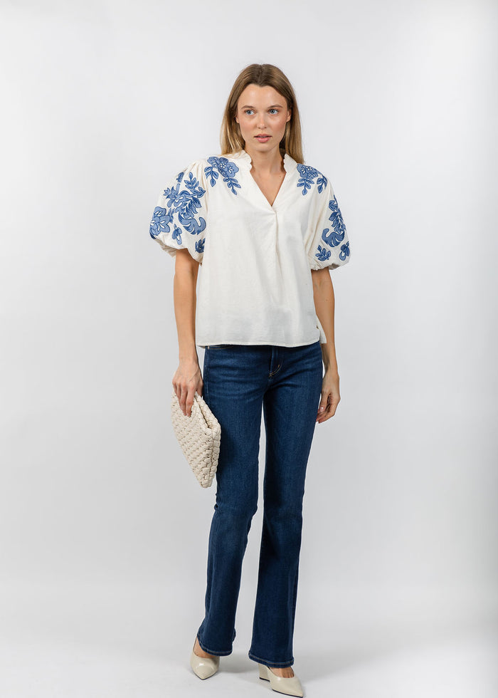 BK Puff Sleeve Embroidered Top in Cream available at Barbara Katz