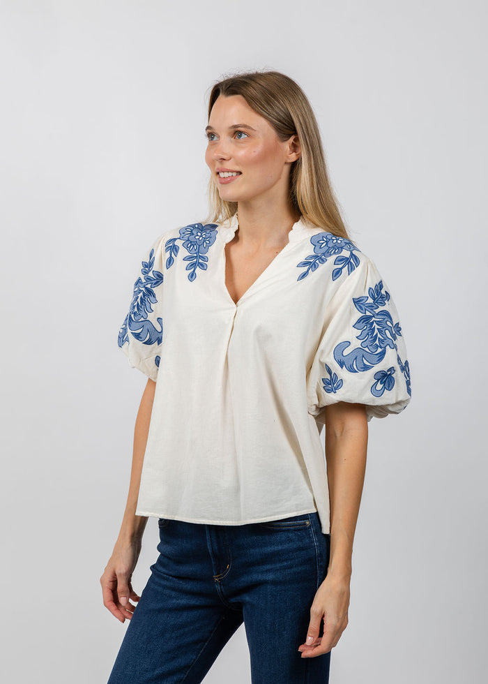 BK Puff Sleeve Embroidered Top in Cream available at Barbara Katz