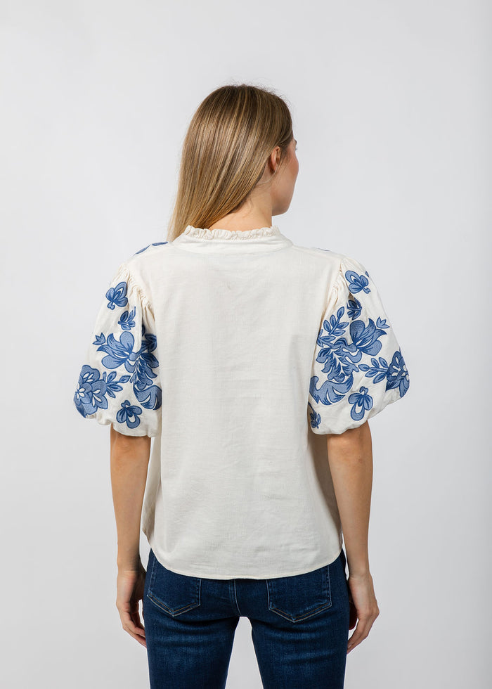 BK Puff Sleeve Embroidered Top in Cream available at Barbara Katz