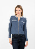 Central Park West Raya Mixed Stitch Zip Cardigan in Navy available at Barbara Katz