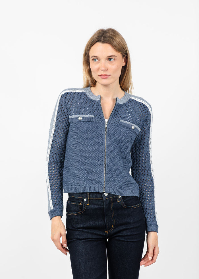 Central Park West Raya Mixed Stitch Zip Cardigan in Navy available at Barbara Katz