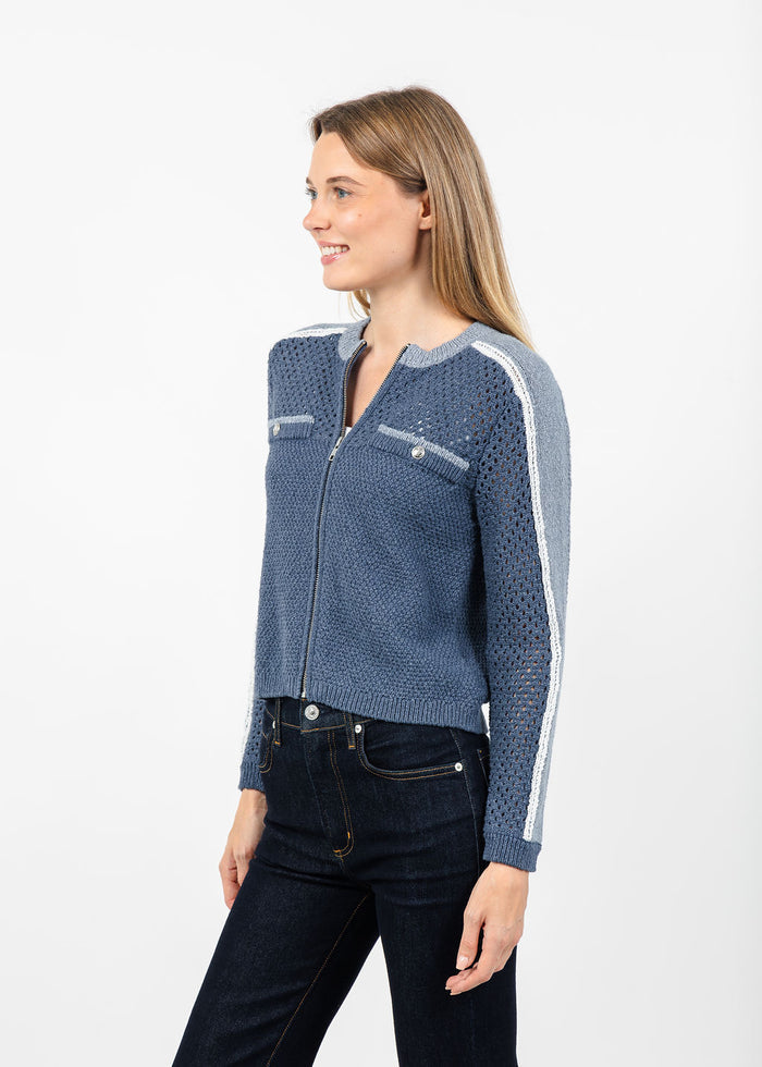 Central Park West Raya Mixed Stitch Zip Cardigan in Navy available at Barbara Katz