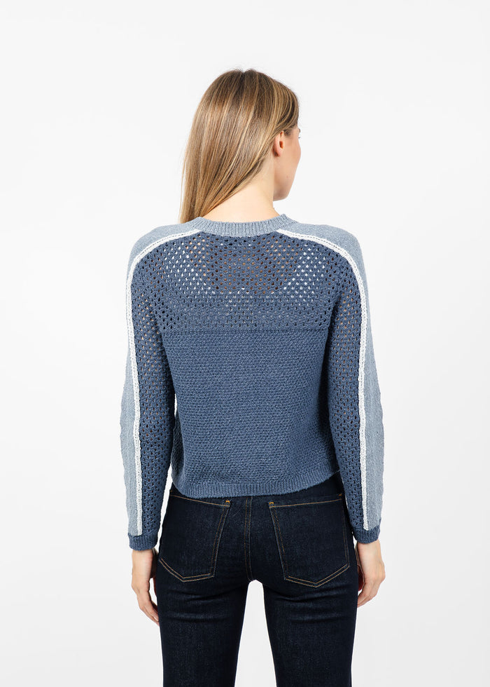 Central Park West Raya Mixed Stitch Zip Cardigan in Navy available at Barbara Katz