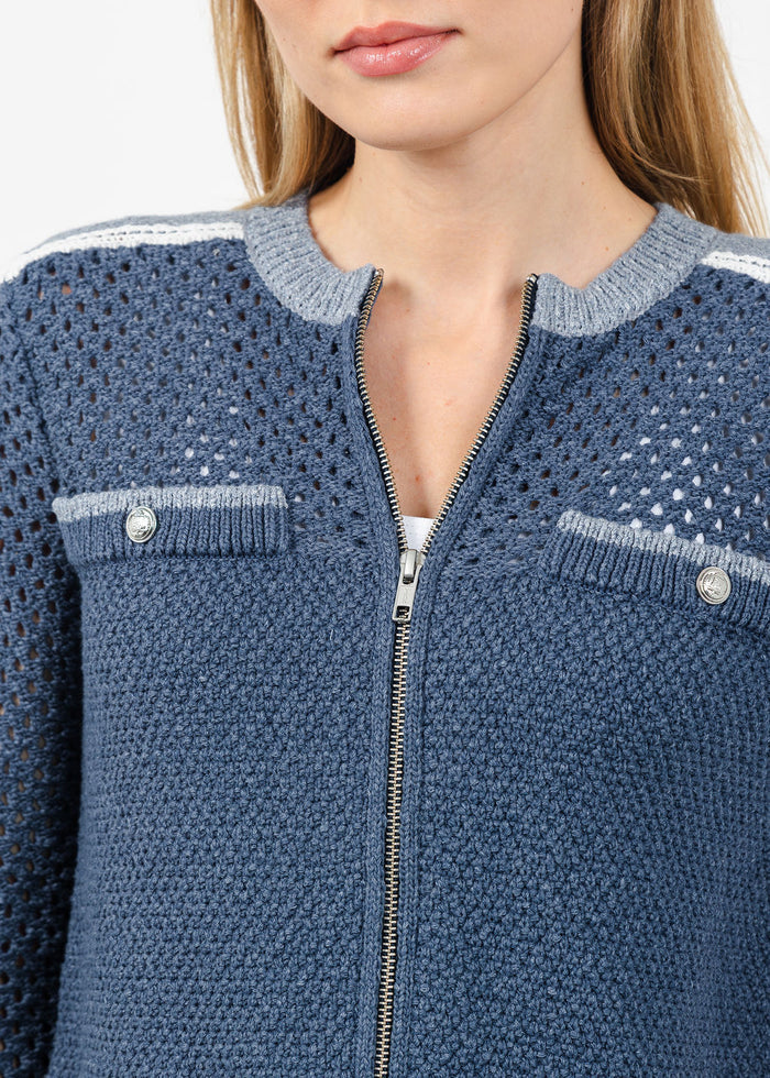 Central Park West Raya Mixed Stitch Zip Cardigan in Navy available at Barbara Katz