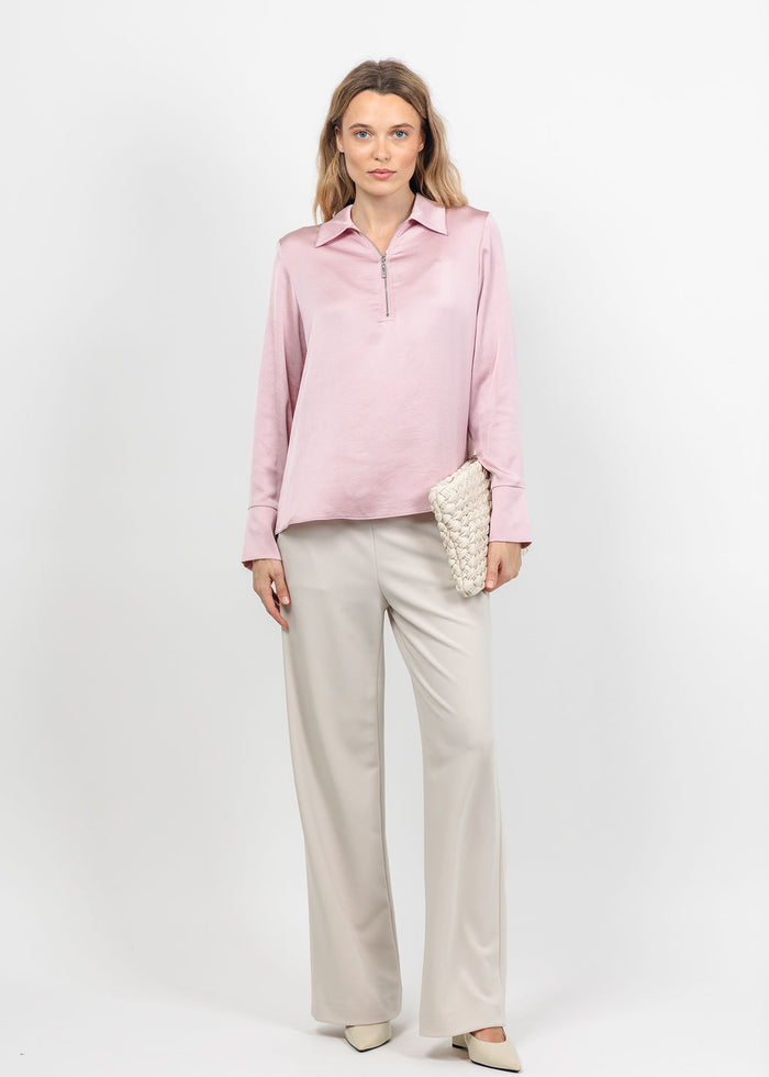 Joseph Ribkoff Recycled Satin Shirt Collar Top in Blush available at Barbara Katz