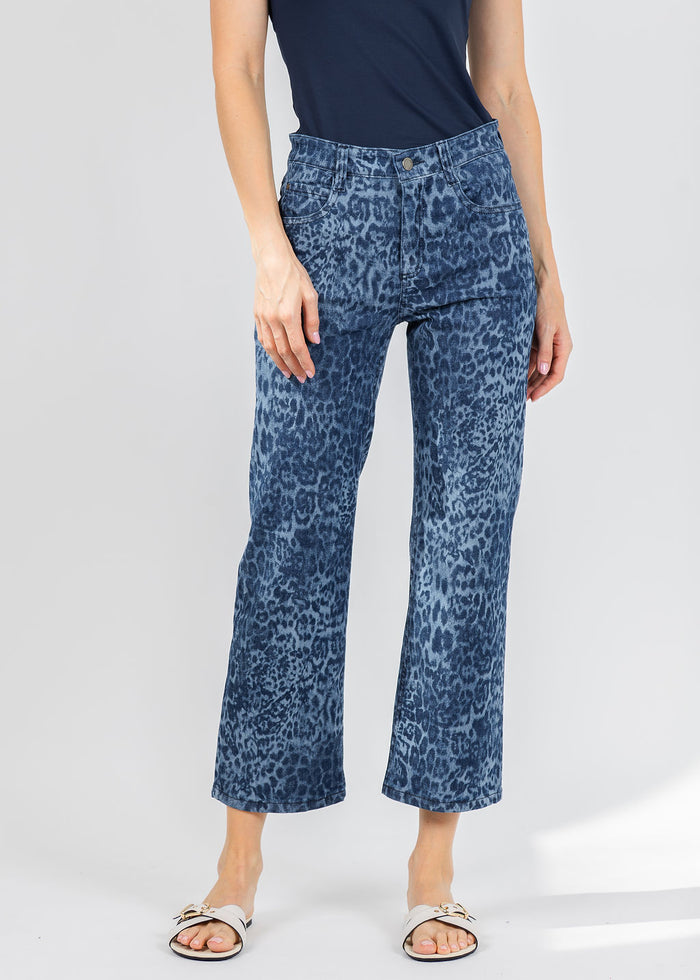 Wonderjeans Relaxed Straight Ankle Jean 26" in Blue Denim Leopard available at Barbara Katz