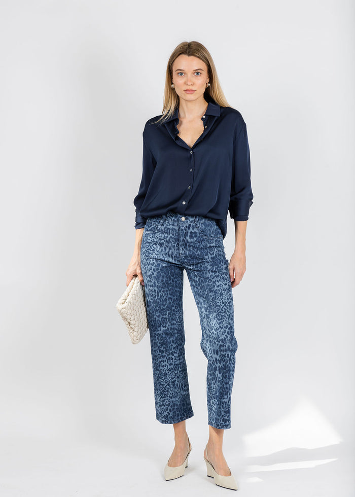Wonderjeans Relaxed Straight Ankle Jean 26" in Blue Denim Leopard available at Barbara Katz