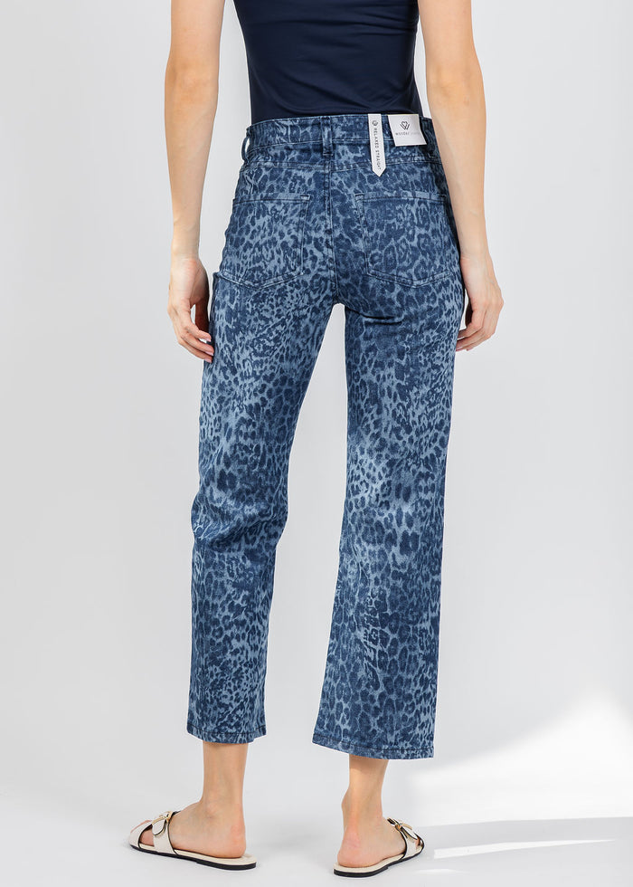Wonderjeans Relaxed Straight Ankle Jean 26" in Blue Denim Leopard available at Barbara Katz