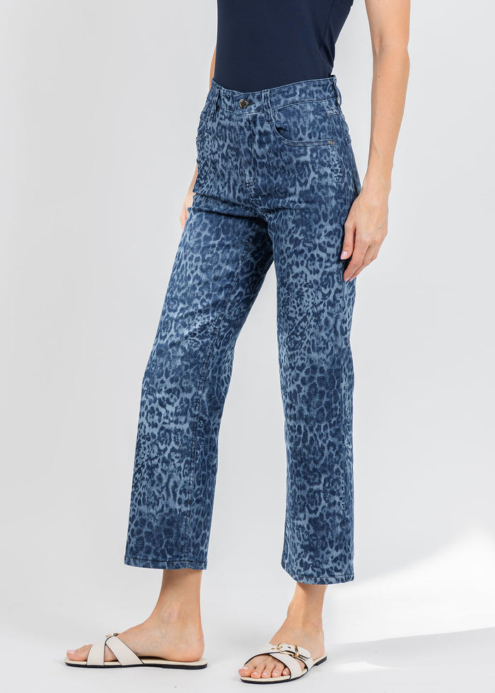 Wonderjeans Relaxed Straight Ankle Jean 26" in Blue Denim Leopard available at Barbara Katz
