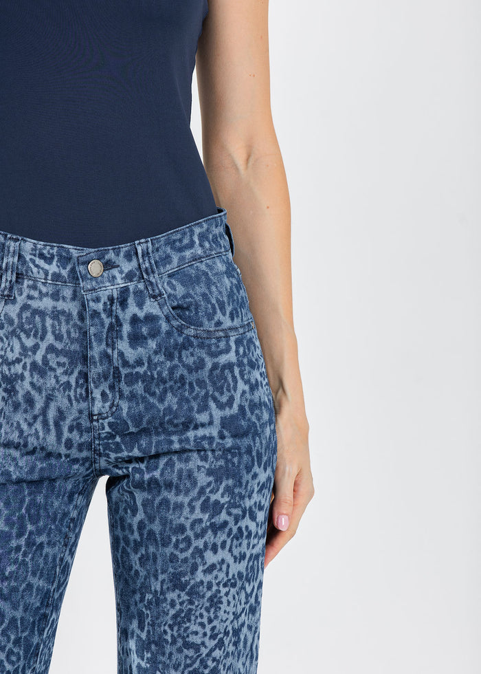 Wonderjeans Relaxed Straight Ankle Jean 26" in Blue Denim Leopard available at Barbara Katz