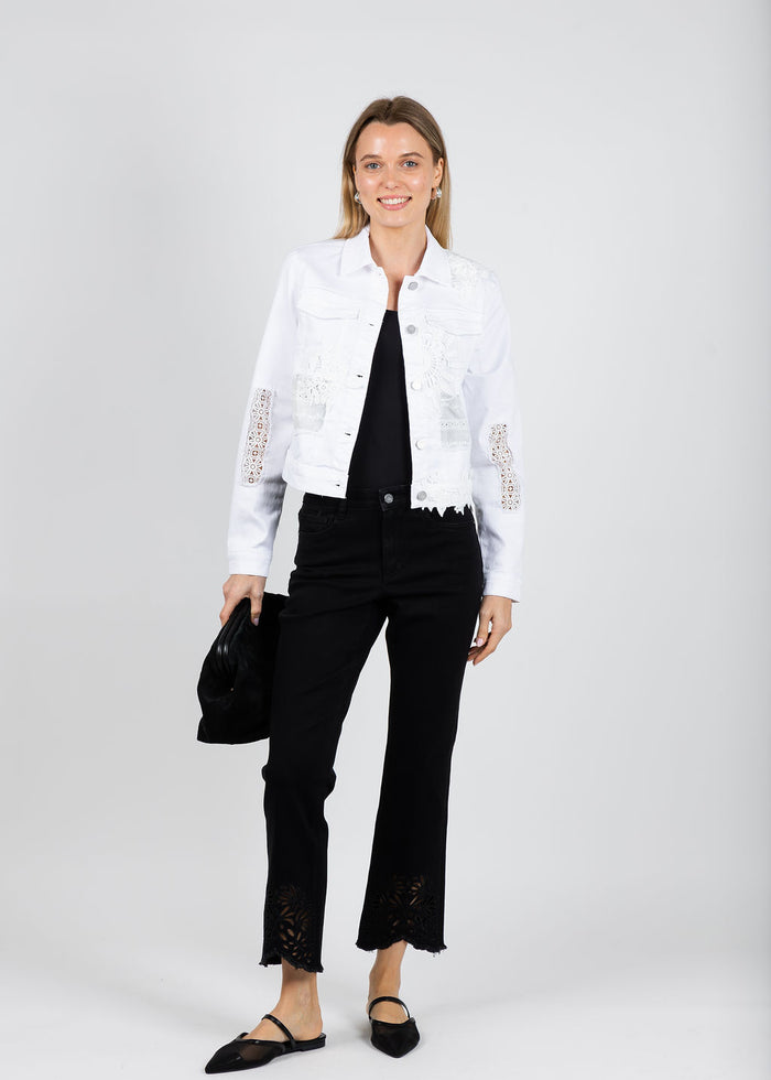 Joseph Ribkoff Repreve Straight Jeans With Flower Embroidery in Black available at Barbara Katz