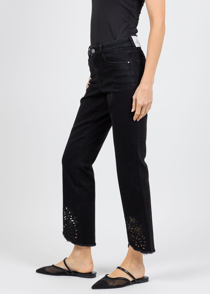 Joseph Ribkoff Repreve Straight Jeans With Flower Embroidery in Black available at Barbara Katz