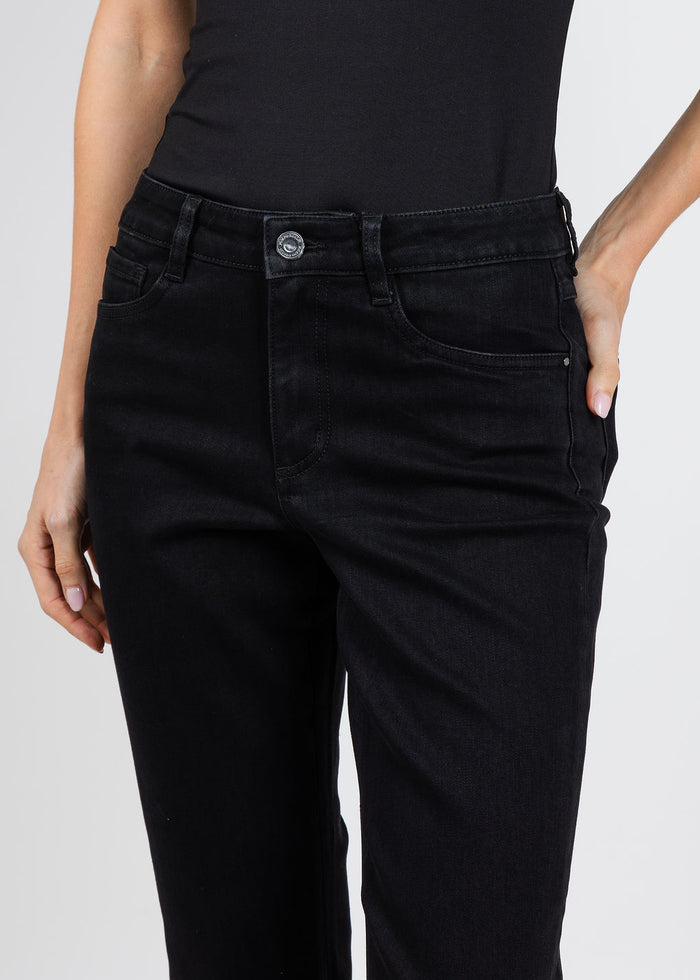 Joseph Ribkoff Repreve Straight Jeans With Flower Embroidery in Black available at Barbara Katz