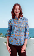 Dizzy-Lizzie Rome 3/4 Sleeve Shirt in Blue Ground Butterfly Print available at Barbara Katz