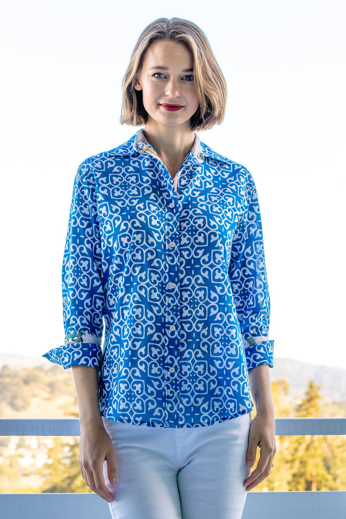 Dizzy-Lizzie Rome 3/4 Sleeve Shirt - Cobalt Blue & White Geometric Print available at Barbara Katz