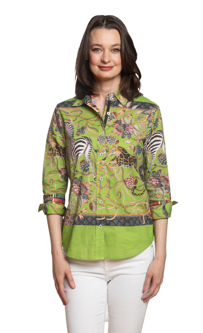 Dizzy-Lizzie Rome 3/4 Sleeve Shirt - Green Animal available at Barbara Katz