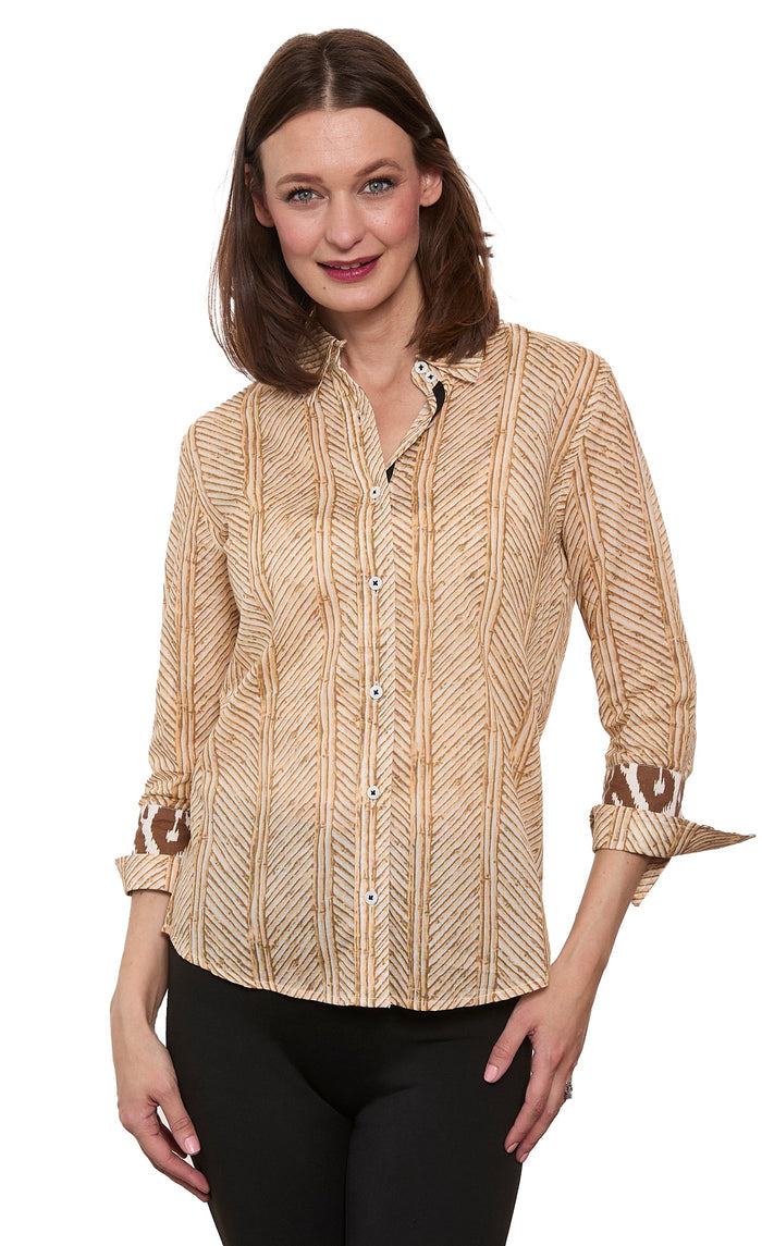 Dizzy-Lizzie Rome 3/4 Sleeve Shirt - Khaki White Wicker Print available at Barbara Katz