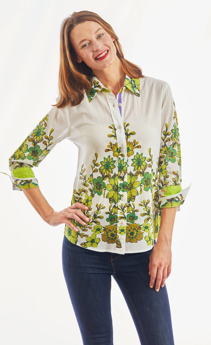 Dizzy-Lizzie Rome 3/4 Sleeve Shirt - Leaf Print available at Barbara Katz