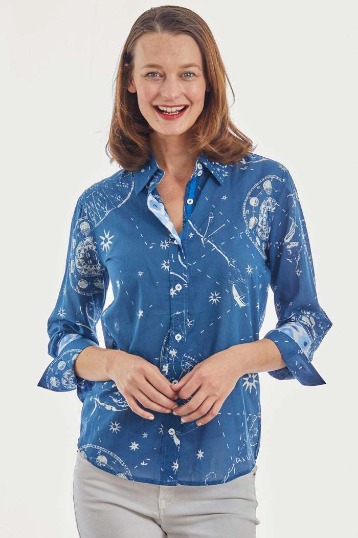 Dizzy-Lizzie Rome 3/4 Sleeve Shirt - Navy Constellation Print available at Barbara Katz