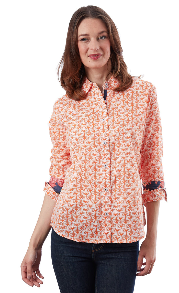 Dizzy-Lizzie Rome 3/4 Sleeve Shirt - Orange White Fan Print available at Barbara Katz