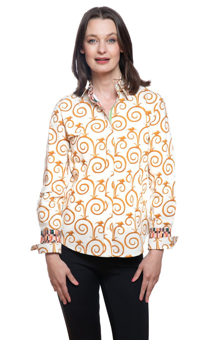 Dizzy-Lizzie Rome Long Sleeve Shirt - Gold and White Swirl Print available at Barbara Katz