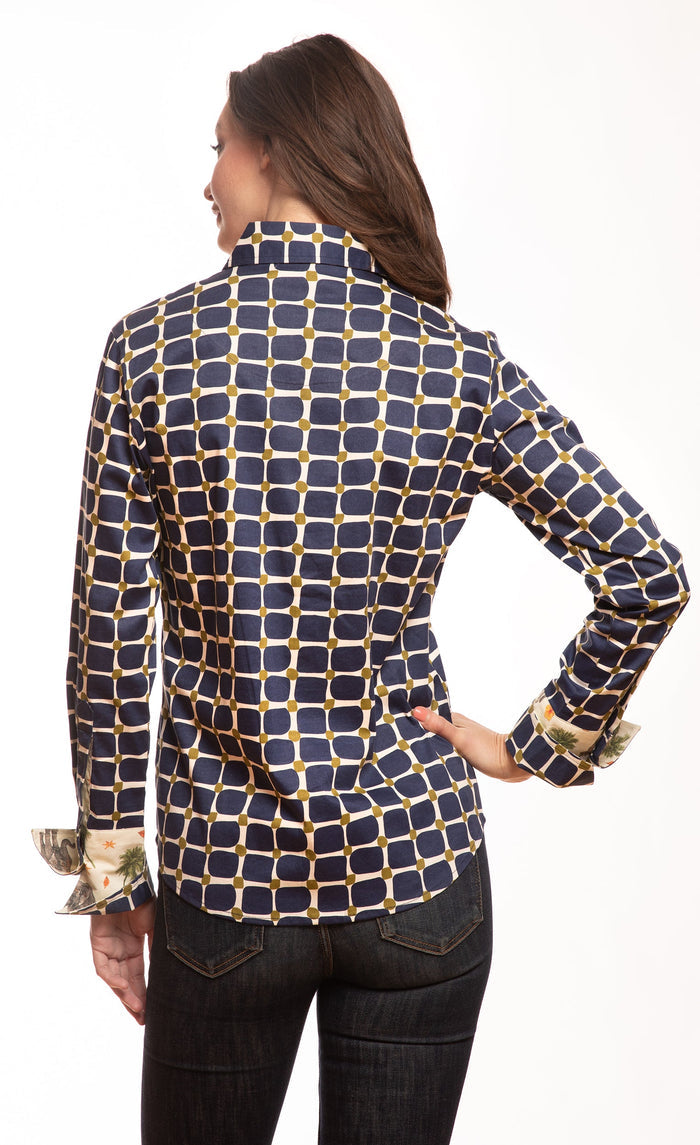 Dizzy-Lizzie Rome Long Sleeve Shirt - Navy Olive Grid Print available at Barbara Katz
